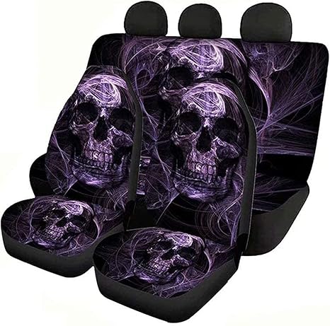 KEIAHUAN Purple Skull Car Seat Cover Set Full Set of 4 pcs for Front and Back Seat Cover Backrest Seat Protector Washable Polyester Fabric for Family Cars Interior