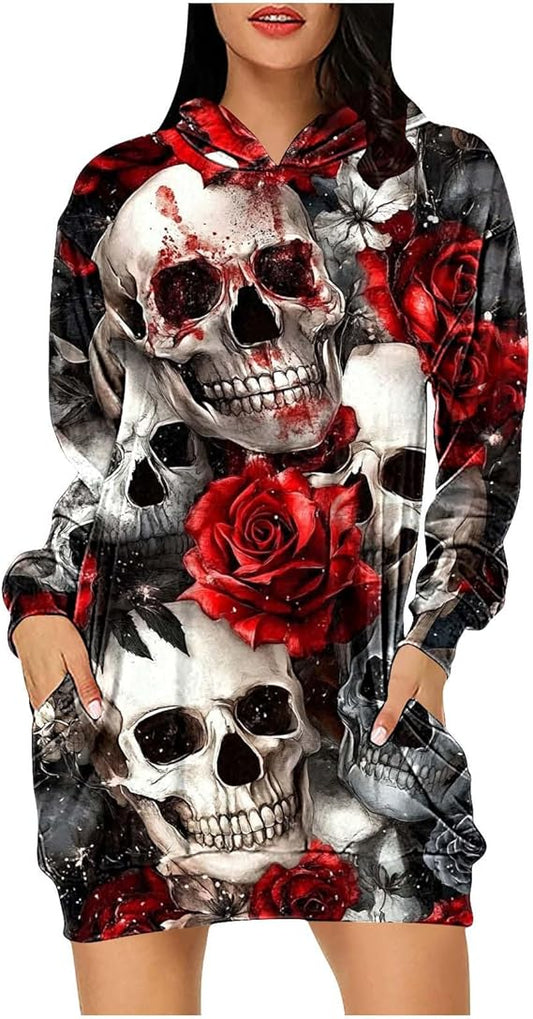 Halloween Hoodie Dress for Women Skull Print Gothic Long Sleeve Dresses Casual Fall Pullover Sweatshirt Dress