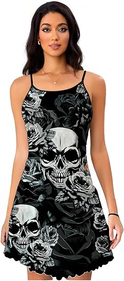 Women's Halloween Gothic Floral Skull Print Nightgown Sleeveless Lettuce Trim Slip Sleepwear Dresses