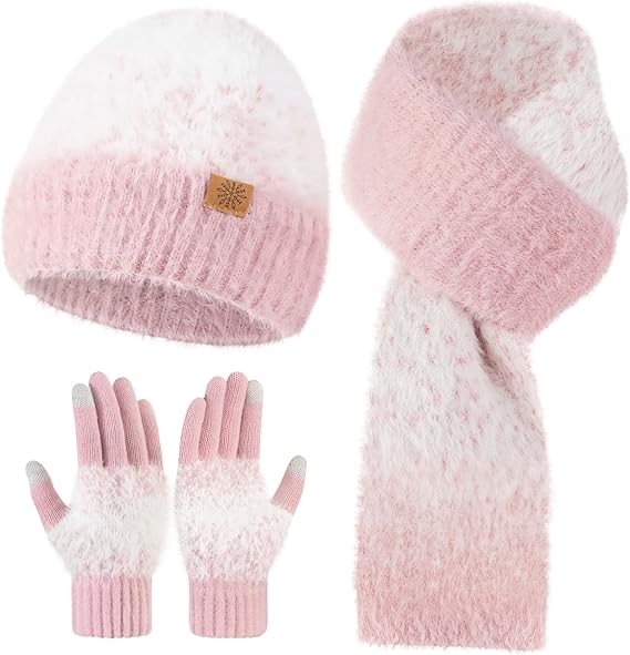 Winter Beanie Hat Scarf Gloves Set for Women, Warm Soft Knit Skull Cap Long Scarf Touchscreen Gloves 3 in 1 Set for Women/Men