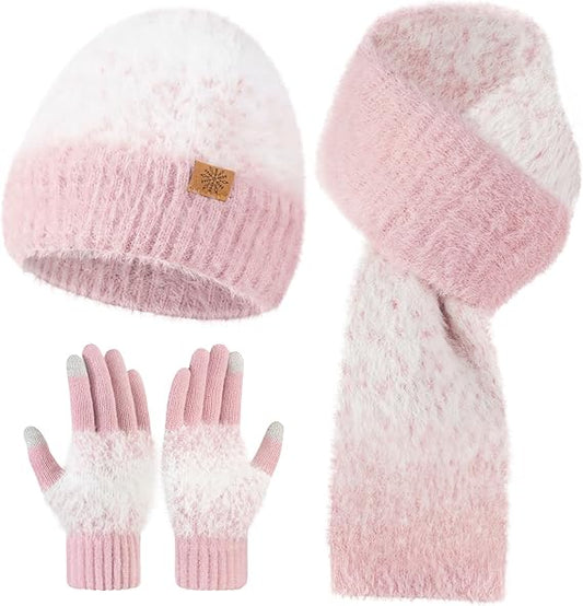 Winter Beanie Hat Scarf Gloves Set for Women, Warm Soft Knit Skull Cap Long Scarf Touchscreen Gloves 3 in 1 Set for Women/Men