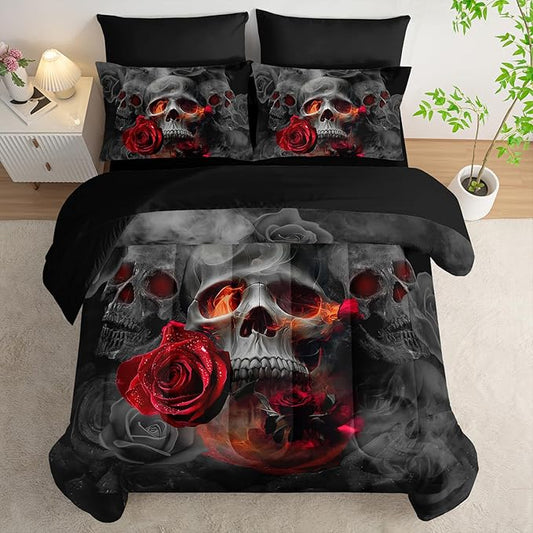 AILONEN Gothic Skull Comforter Set Queen,7-Piece Romantic Rose Smoky Skull Bed in a Bag for Boys Girls Kids,Soft Comforter & Fitted Sheet with Flat Sheet & 2 Pillowcases,2 Pillow Shams for Bedroom