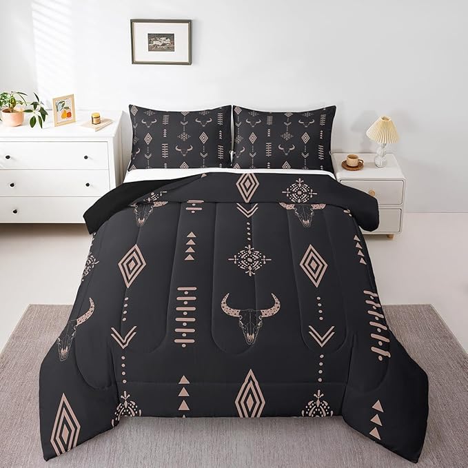 Feelyou Western Comforter Set Full Size Kids, Cow Skull Comforter Boys Girls, Wild West Rustic Southwestern Bedding Set, Duvet Set Room Decor Quilt Set,with 2 Pillow Cases