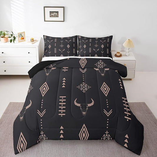Feelyou Western Comforter Set Full Size Kids, Cow Skull Comforter Boys Girls, Wild West Rustic Southwestern Bedding Set, Duvet Set Room Decor Quilt Set,with 2 Pillow Cases