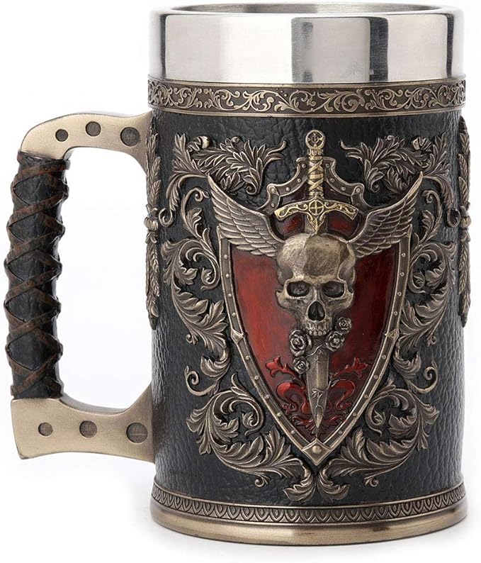 Veronese Design 6.25 Inch 0.5 L Winged Sword And Shield Skull Crest Beer Stein Stainless Steel Tumbler Antique Bronze Finish Sculpture Cup
