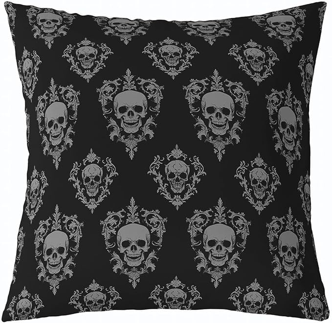 jejeloiu Black Damask Throw Pillow Covers Set of 1 Kids,22 x 22-Inch,Sugar Skull Cushion Case,Gothic Vintage Floral Decor Pillowcase,Gothic Bone Skeleton Bohemian Decor Indoor Outdoor,Grey