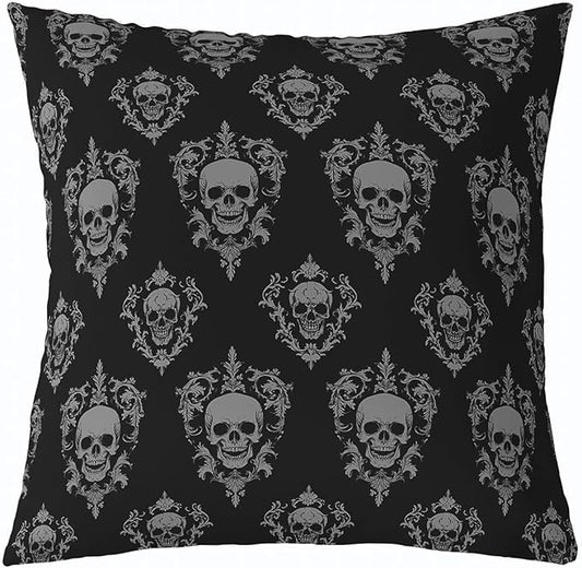 jejeloiu Black Damask Throw Pillow Covers Set of 1 Kids,22 x 22-Inch,Sugar Skull Cushion Case,Gothic Vintage Floral Decor Pillowcase,Gothic Bone Skeleton Bohemian Decor Indoor Outdoor,Grey