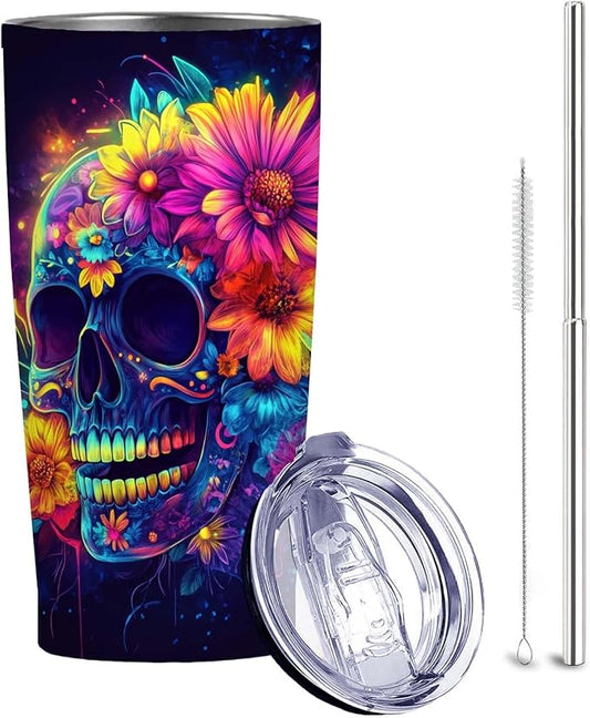 Sugar Skull 20oz Tumbler | Vacuum-Insulated Stainless Steel Travel Cup | Halloween Mug with Leak Proof Lid and Straw | Hot & Cold Coffee Cup | Day of the Dead Gifts for Men and Women
