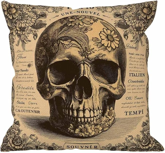 HGOD DESIGNS Throw Pillow Cover Skull Laciness Mediaeval Style Retro Horror Home Decorative Pillow Cases Cotton Linen Square Cushion Covers for Sofa Couch 18x18 Inch