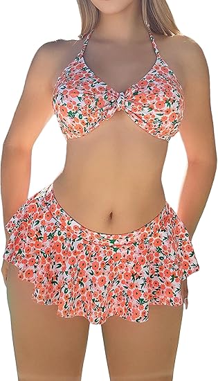 Women's 2 Piece Swimsuit Floral Twist Front Halter Ruffle Thong Bikini Set