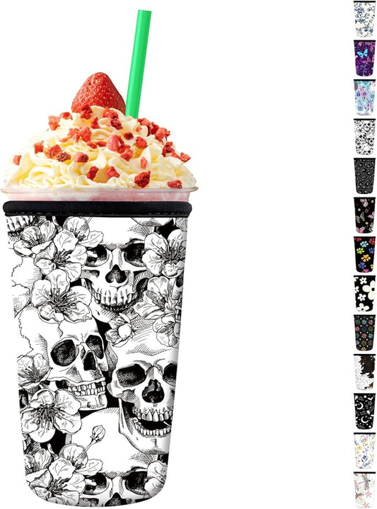 Reusable Neoprene Insulator Sleeve for Iced Coffee Cups, Medium 22-28oz Durable Drink Sleeve for Cold Beverages, Cute Beverage Holder Cup Sleeve for Women Men Coolo Skull