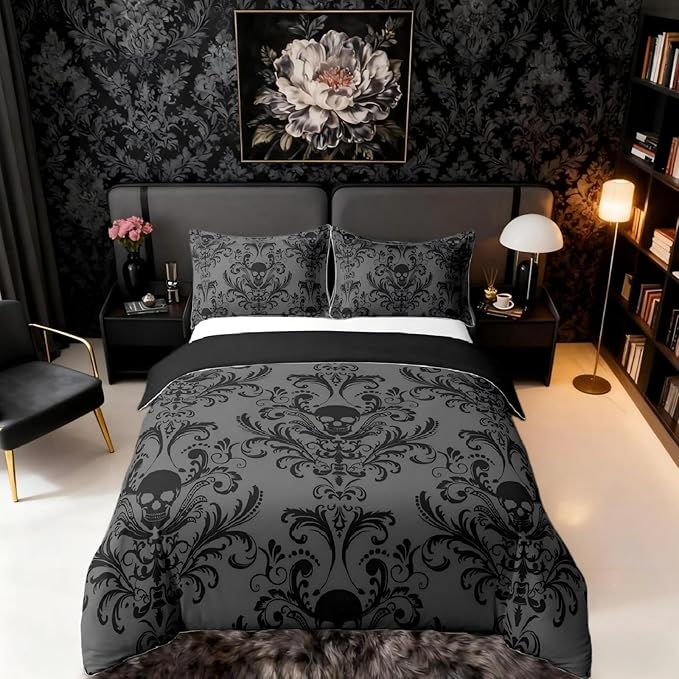 Adults Black Damask Bedding Set Antique Victorian Baroque Duvet Cover King Size Gothic Vintage Floral Comforter Cover Exotic Sugar Skull Quilt Cover King,Gothic Bone Skeleton Bohemian Decor,Grey