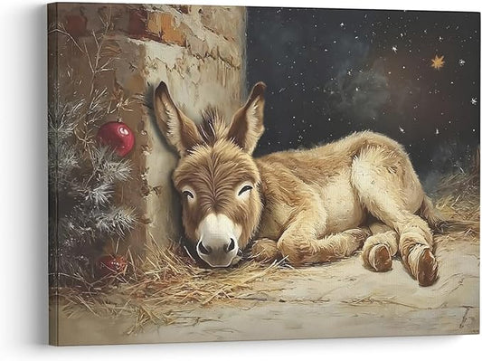XWELLDAN 891 Rustic Farmhouse Christmas Donkey Nativity Framed Canvas Wall Art Sign Decor Decorations for Home Room Bedroom, 11x14 Inches