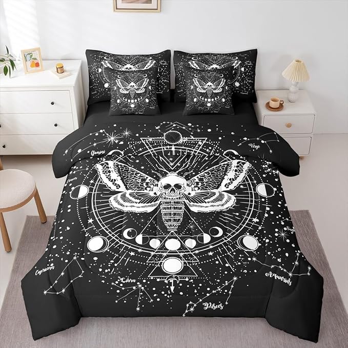Erosebridal Kids Boho Moth 7 Piece Bedding Set Twin Size Gothic Skull Bed in A Bag Bohemian Moon Starry Sky Comforter with Sheets Exotic Skeleton Bones Bed Sets
