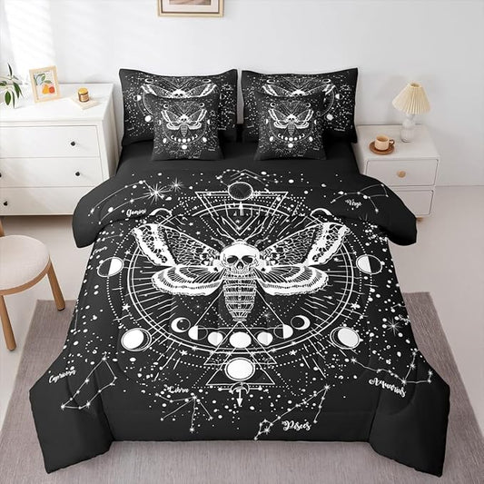 Erosebridal Kids Boho Moth 7 Piece Bedding Set Twin Size Gothic Skull Bed in A Bag Bohemian Moon Starry Sky Comforter with Sheets Exotic Skeleton Bones Bed Sets