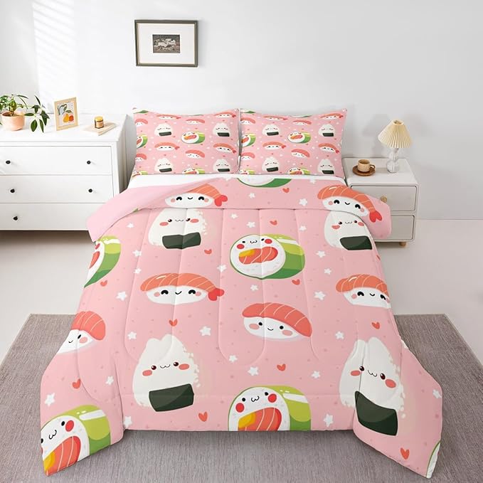 Sushi Comforter,Cute Heart Bedding for Girls Teens Bedroom Decor Kids Cartoon Japanese Style Bedding Sets & Collections Soft Microfiber Kawaii Down Comforter Twin (1 Comforter + 1 Pillowcase),Pink