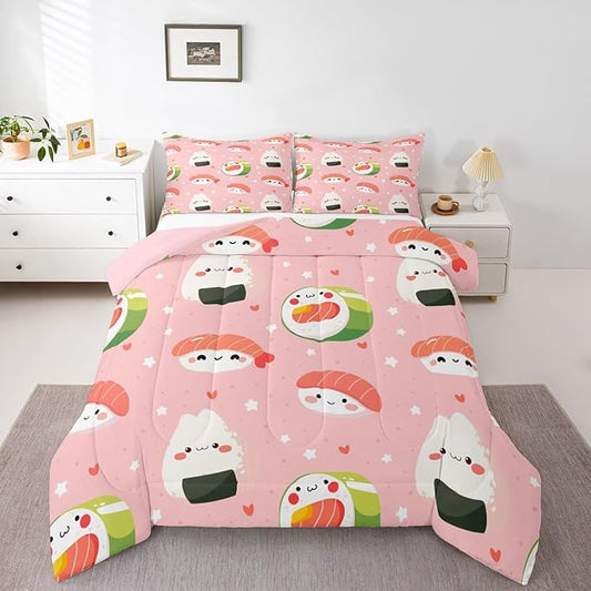Sushi Comforter,Cute Heart Bedding for Girls Teens Bedroom Decor Kids Cartoon Japanese Style Bedding Sets & Collections Soft Microfiber Kawaii Down Comforter Twin (1 Comforter + 1 Pillowcase),Pink