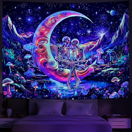 Huzuya Blacklight Skull Tapestry UV Reactive Galaxy Space Tapestries Psychedelic Moon Wall Tapestries Skeleton Lovers Wall Hanging for Bedroom Decor