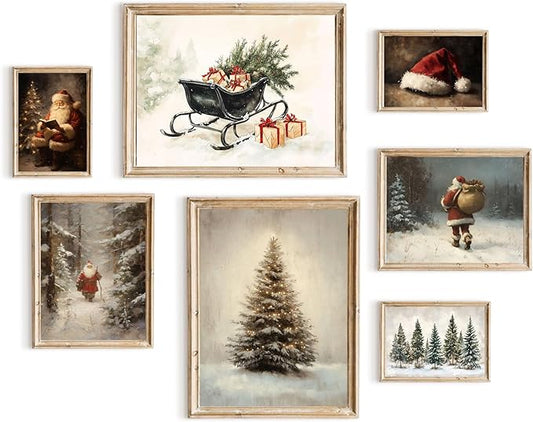 TWNSLLA Vintage Wall Art Set of 7,Vintage Christmas Wall Decor,Moody Snowy Landscape Painting Winter Wall Art,Reindeer Pine Tree Santa Claus Art Prints,Retro Christmas Pictures Wall Decor Living Room Bedroom,Unframed