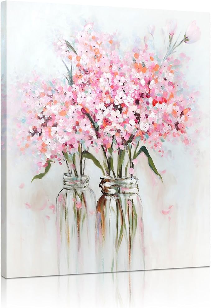 YPY Pink Flowers Canvas Wall Art: Abstract Bouquet in Vase Artwork Prints for Teen Girl Bedroom Pink Floral Picture Poster Bathroom Decor 12" x 15"