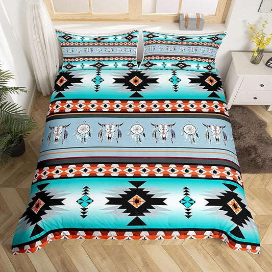Erosebridal Western Bedding Set Queen,Southwestern Comforter Cover Exotic Bull Skull Duvet Cover for Kids Child,Dream Catchers Aztec Quilt Cover Tribe Feather Western Animals Boho Decor Red Black