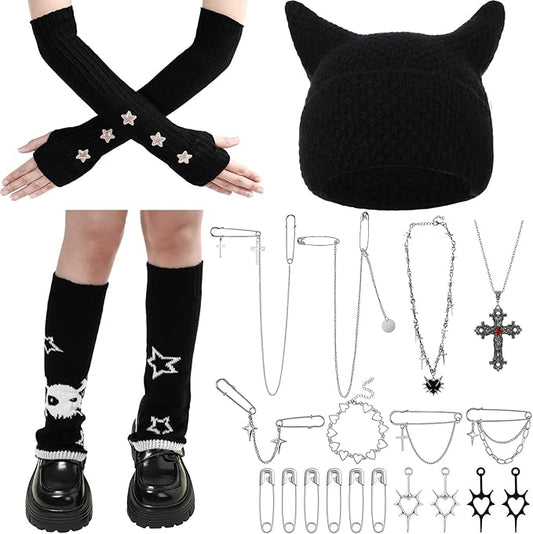 Crochet Cat Beanie Y2K Leg Warmers Fingerless Knitted Gloves Necklace Accessories Set Punk Rock Knitted Loose Hats Set