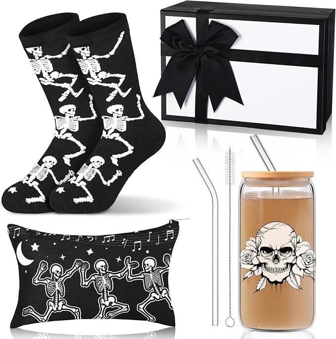 Skylety Gothic Christmas Halloween Spooky Goth Dancing Skeleton Gift Box Set of 4 Includes 16oz Goth Glass Cup Spooky Dancing Skeleton Sock Makeup Bag Gifts for Christmas Women Gothic Lovers