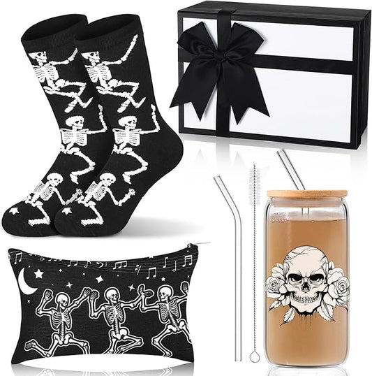 Skylety Gothic Christmas Halloween Spooky Goth Dancing Skeleton Gift Box Set of 4 Includes 16oz Goth Glass Cup Spooky Dancing Skeleton Sock Makeup Bag Gifts for Christmas Women Gothic Lovers
