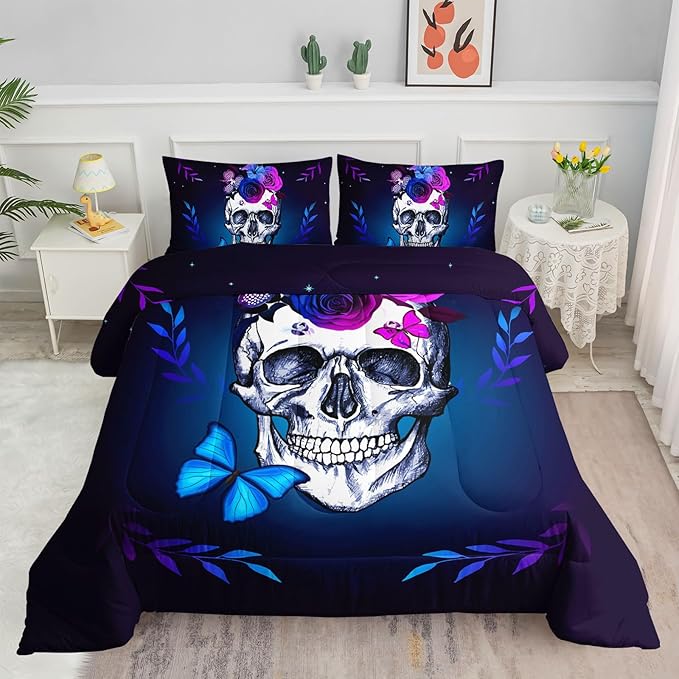 Gothic Skull Comforter Bedding Set Floral Death Sketching Bedding Set with 1 Comforter and 2 Pillowcases for Boys and Girls Teens Adults,All Season(Gothic Twin)