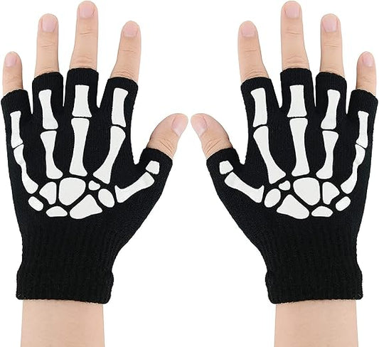 Halloween Skeleton Gloves - Adult & Kids Luminous Skull Knit Gloves