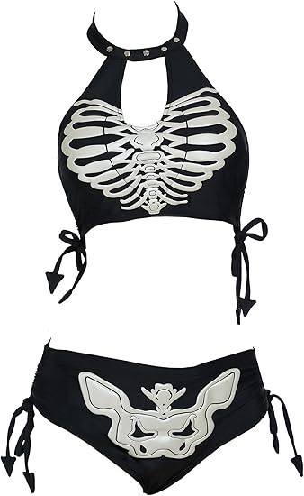 MEOWCOS Goth Bikini Swimsuit Gothic Unique Black Skull Print Bathing Suit Dark Style Goth Swimsuit