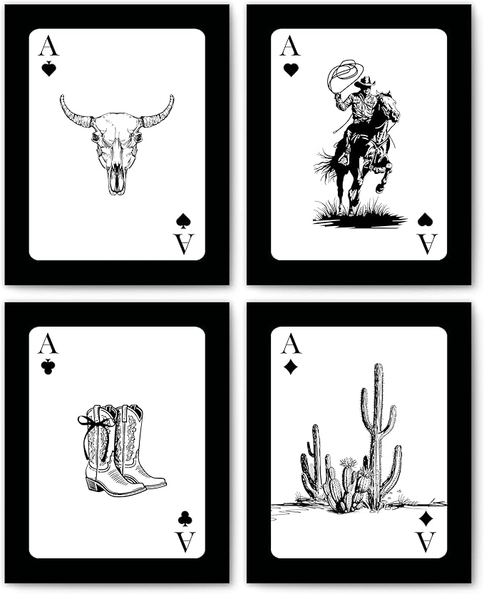 FITIE Vintage Western Cowboy Wall Art Prints Set of 4, Trendy Retro Rodeo Cowboy Boots Bull Skull Cactus Black Ace Card Wall Art Posters for Country Western Home Room Office Decor, 8x10 Unframed