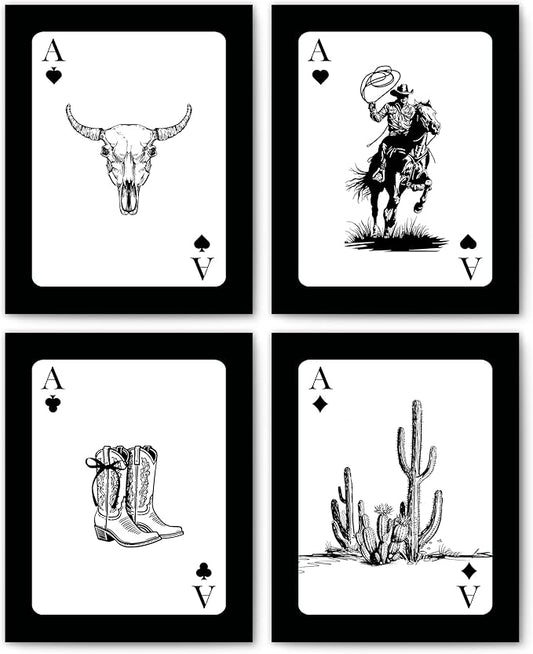 FITIE Vintage Western Cowboy Wall Art Prints Set of 4, Trendy Retro Rodeo Cowboy Boots Bull Skull Cactus Black Ace Card Wall Art Posters for Country Western Home Room Office Decor, 8x10 Unframed