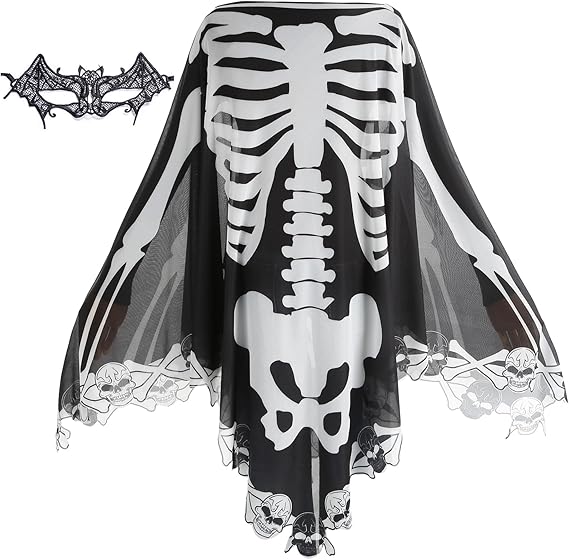 Womens Halloween Skeleton Costume Sheer Poncho Day of The Dead Ghost Cape Bat Mask