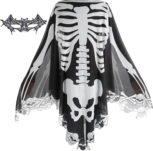 Womens Halloween Skeleton Costume Sheer Poncho Day of The Dead Ghost Cape Bat Mask