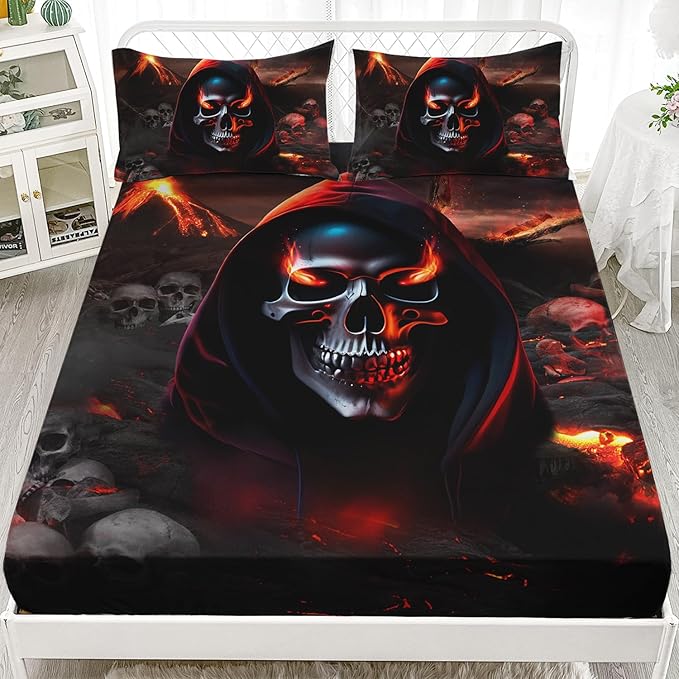 AILONEN Skull Fitted Sheet Queen Size, Halloween Sheet Fire Skull Bedding Set for Boys Girls,Caldera Themed Bed Sheets,3 Pieces,(1 Fitted Sheet + 2 Pillow Cases)