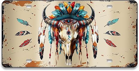 Bull License Plate - Bull Skull Front License Plate, Oil Painted Style Aluminum Decorative Licenses Plates, Funny Novelty Vanity Tag,Car Decor Accessory with 4 Holes, 6×12 inch Car Plates Decor Gifts