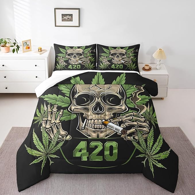 Erosebridal Marijuana Leaves Comforter Set, Sugar Skull Bedding Set Full Size, Cannabis Leaves Weed Duvet Set for Kids Teens Adult, Skeleton Bones Bedding Comforters with 2 Pillow Cases, Black Green