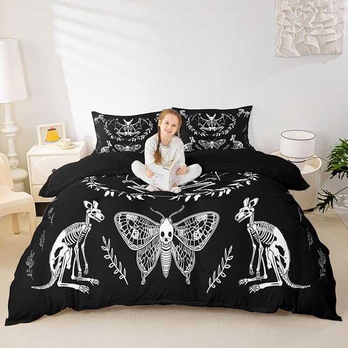 Feelyou Skull Duvet Cover Bat Skeleton Comforter Cover Boho Moth Gothic Skull Bedding Set Kids Boys Girls Adults Halloween Themed Bed Set Ultra Soft Horror Room Decor Queen Size Zipper (No Comforter)