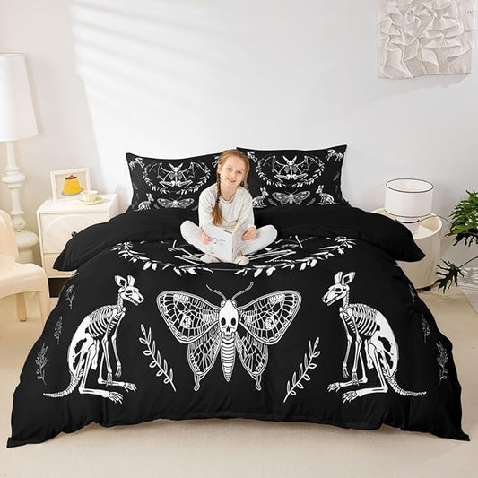Feelyou Skull Duvet Cover Bat Skeleton Comforter Cover Boho Moth Gothic Skull Bedding Set Kids Boys Girls Adults Halloween Themed Bed Set Ultra Soft Horror Room Decor Queen Size Zipper (No Comforter)