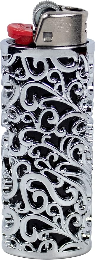 Vintage Metal Lighter Case Sleeve Cover Holder with Hollow Pattern Design for BIC Full Size Lighter Type J6 (Silver)