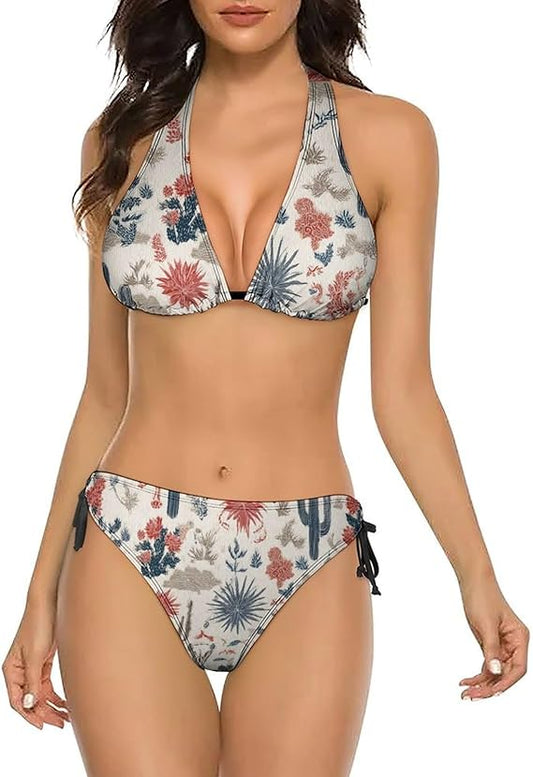 Women Two Piece Swimsuit Sexy Halter Bows Bikini Sets Triangle Bathing Suit