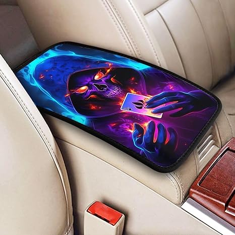 Universal Car Center Console Cushion Pad, Playing Cards Skull Blue Soft Waterproof Car Center Console Cover Auto Armrest Seat Box Cover Protector for Most Vehicle SUV Truck Car