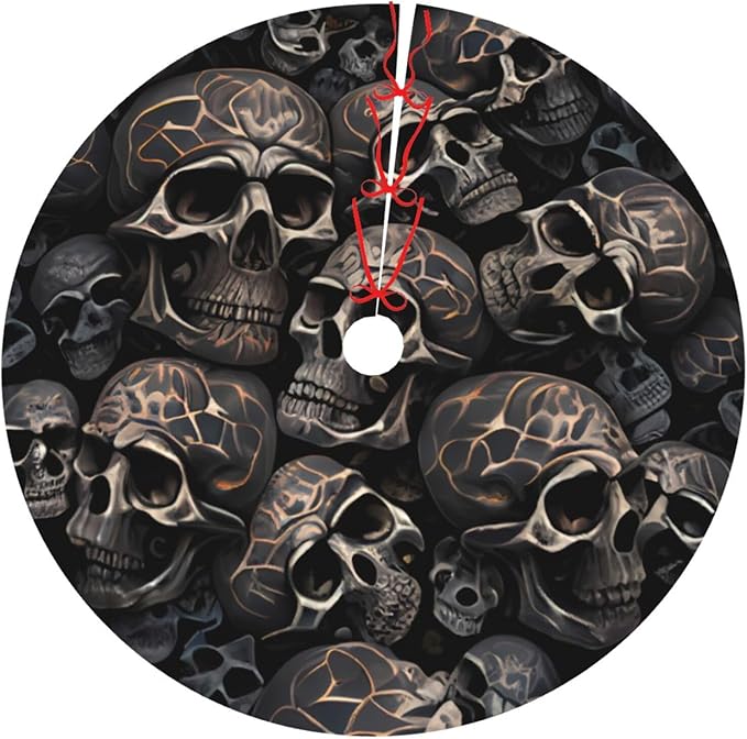 Gothic Black Skull Christmas Tree Skirt, Thickened Apron, Xmas Tree Skirts Mat for Home Farmhouse Party Holiday Decor