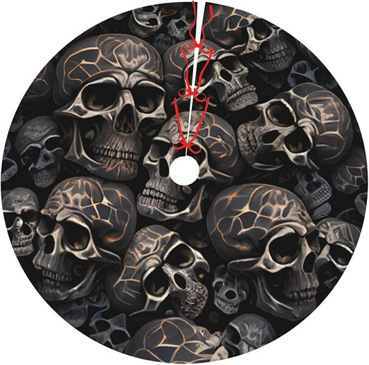 Gothic Black Skull Christmas Tree Skirt, Thickened Apron, Xmas Tree Skirts Mat for Home Farmhouse Party Holiday Decor