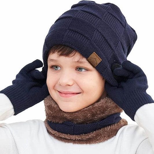 Kids Winter Beanie Hat Scarf Touchscreen Gloves Set for Boys Girls 4-15 Years Warm Skull Cap Fleece Lined Knitted Hat