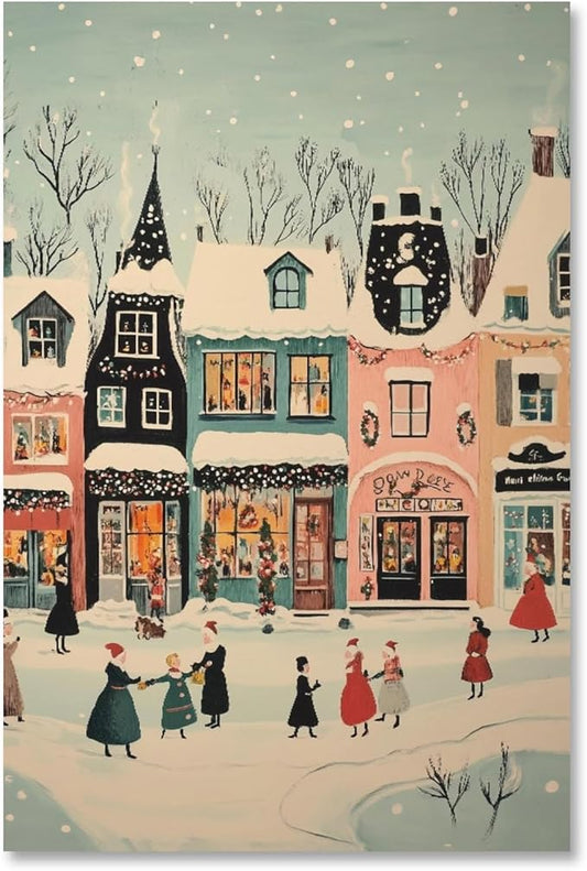 Vintage Christmas Village Wall Art Print Snowy Holiday Street Scene Canvas Poster Festive Winter Town December Gathering Painting Picture for Bedroom Home Decor 8x12inch Unframed