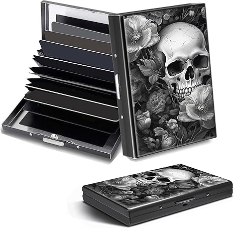 Credit Card Holder, Skull Design Mini RFID Blocking Aluminum Wallet Slim Metal Hard Case Shell Travel Wallet ID Case Small Credit Cards Case Business Cards for Women Men Girls