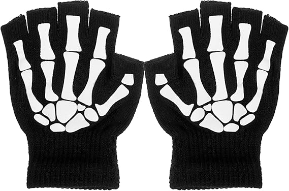 Skeleton Gloves, Skeleton Fingerless Gloves for Women Men Glow In the Dark, Skull Glove with Goth Bone Design for Halloween Costume Cosplay Emo Accessories