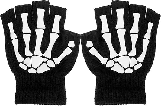 Skeleton Gloves, Skeleton Fingerless Gloves for Women Men Glow In the Dark, Skull Glove with Goth Bone Design for Halloween Costume Cosplay Emo Accessories
